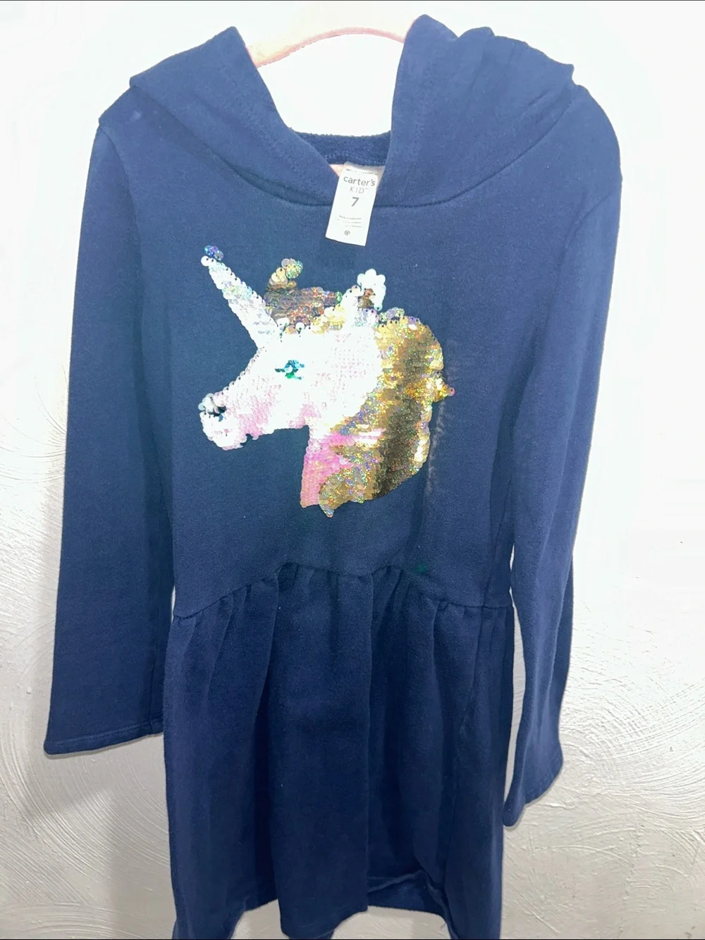 Carter's Navy Hoodie Dress with Sequin Unicorn